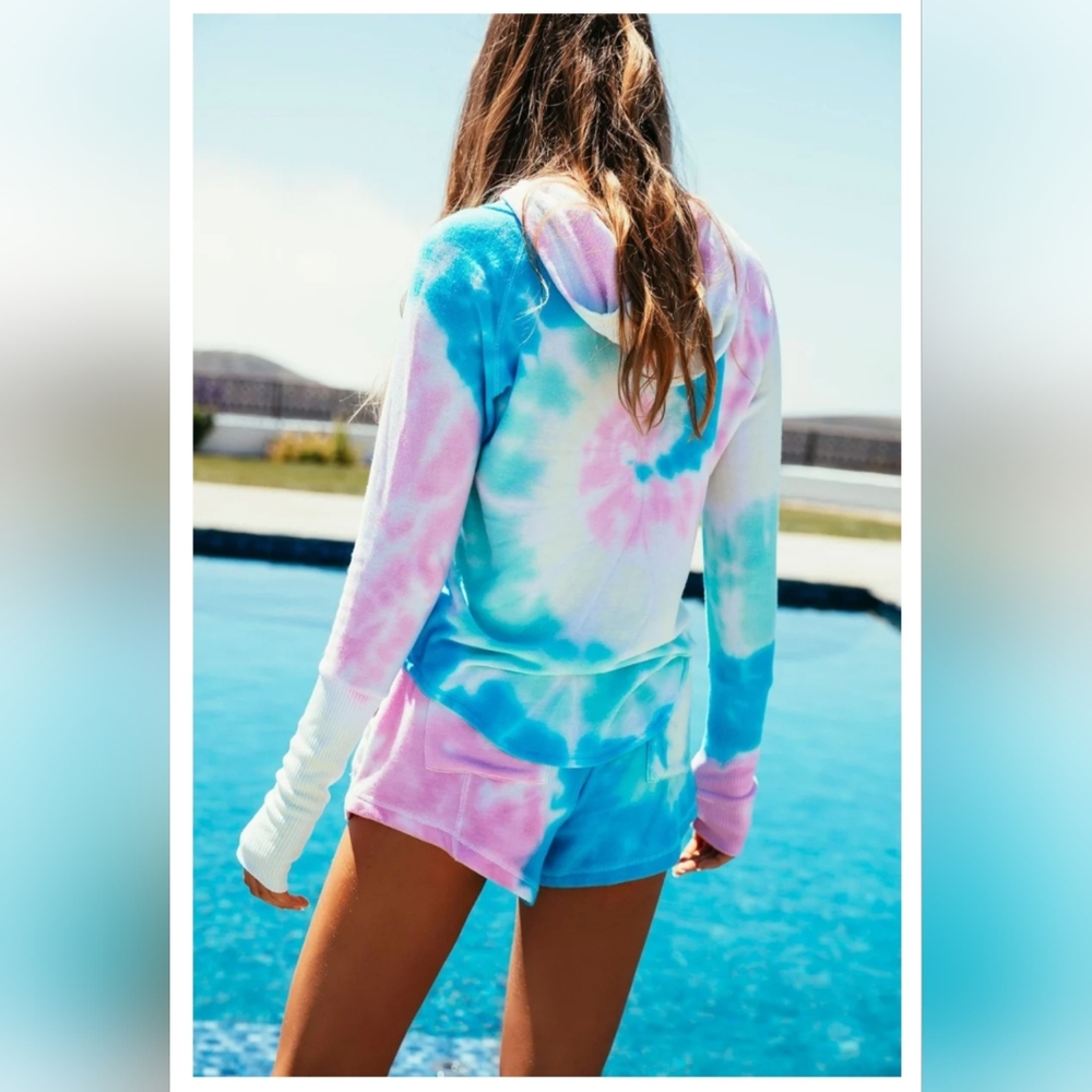 Chaser Pink Blue Yellow Tie Dye Hoodie With Thumbholes